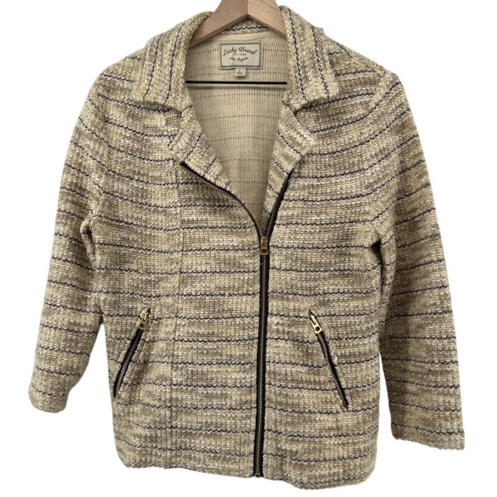 Lucky Brand Women L Marled Moto Jacket Cream Beige Striped‎ Pockets Tweed Casual